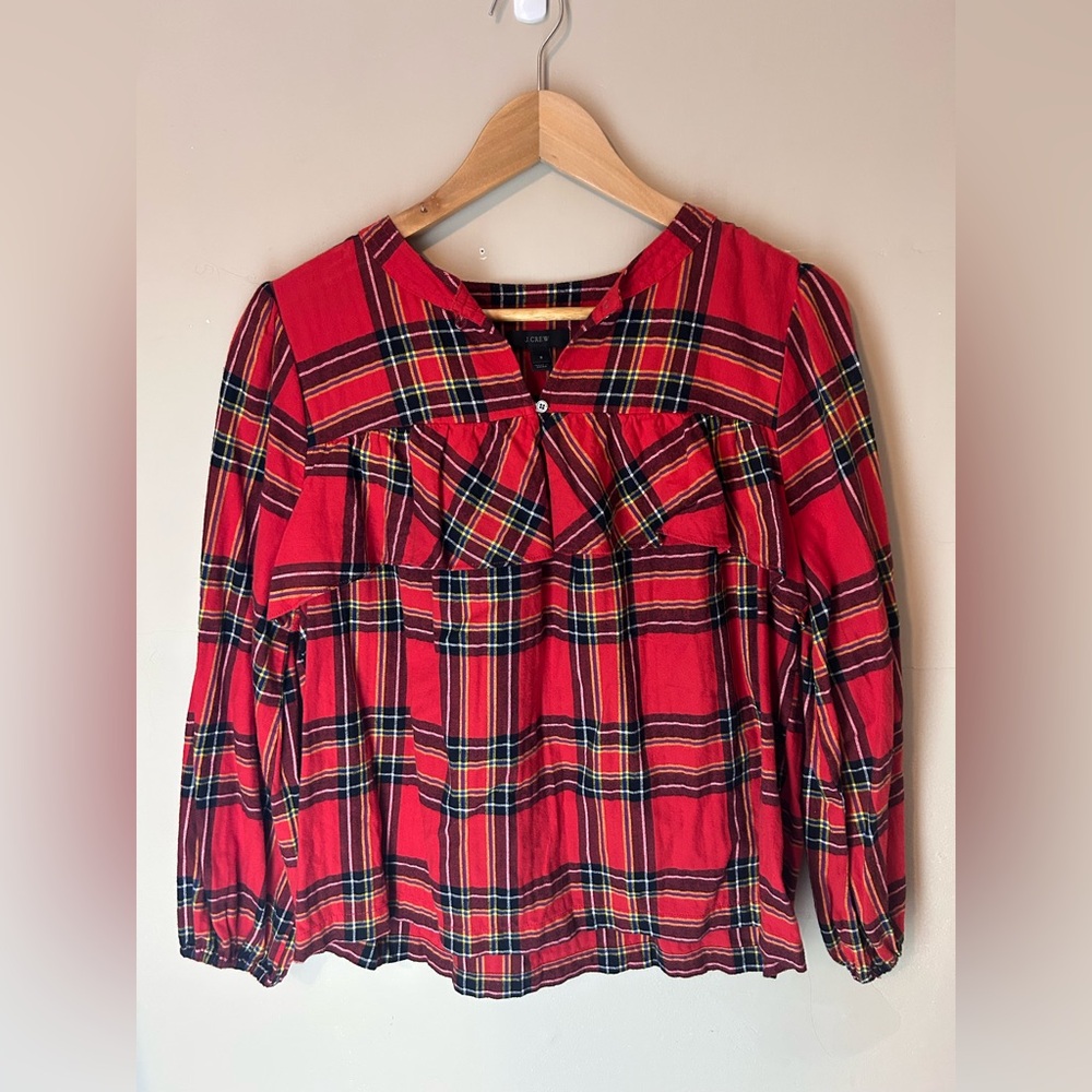 J. Crew Red Ruffle Blouse Tartan Popover Plaid Festive Flannel Sz S 100% Cotton - Picture 2 of 11